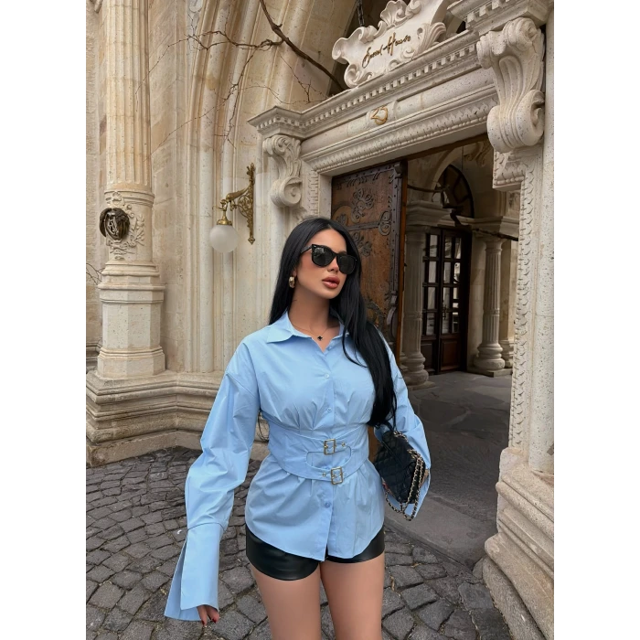 Mavi Geniş Kuşaklı Poplin Gömlek