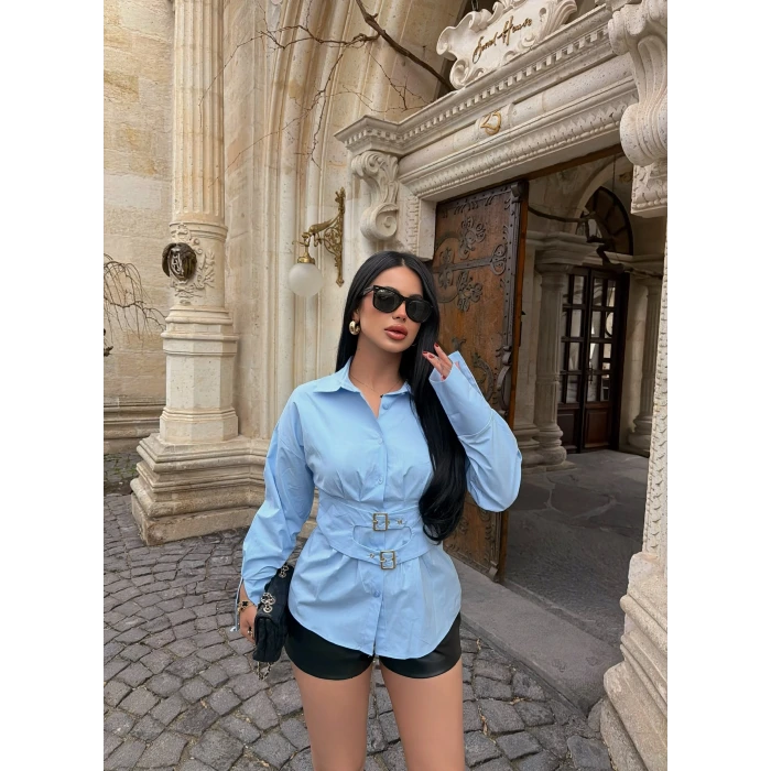 Mavi Geniş Kuşaklı Poplin Gömlek