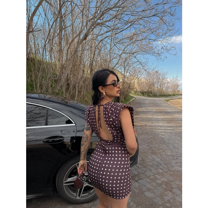 Kahve Omuz Vatkalı Puantiyeli Elbise