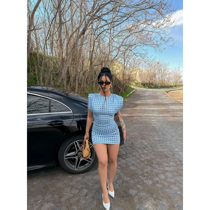 Mavi Omuz Vatkalı Puantiyeli Elbise