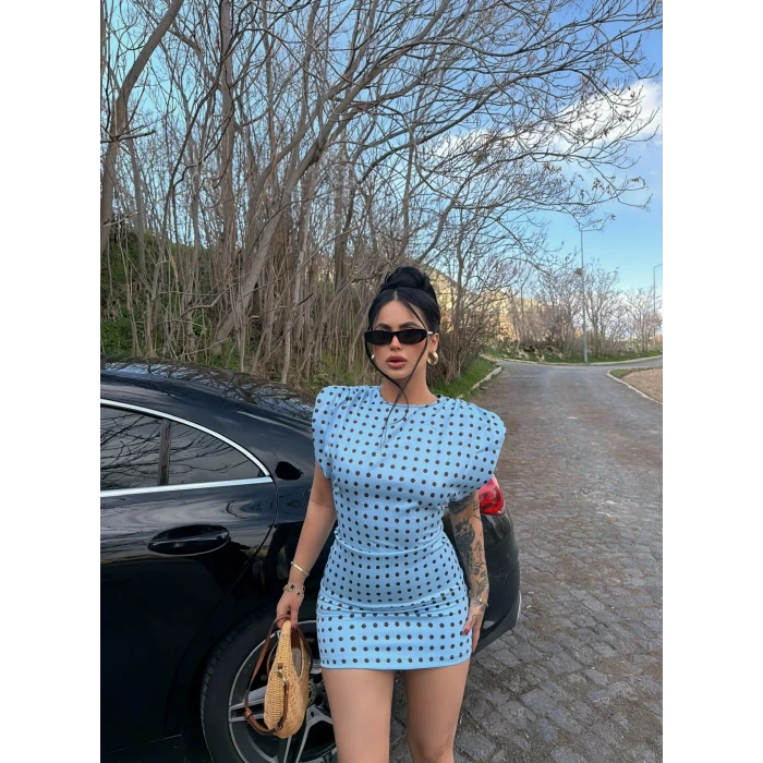 Mavi Omuz Vatkalı Puantiyeli Elbise