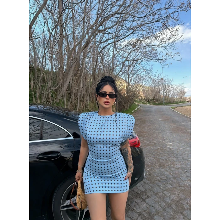 Mavi Omuz Vatkalı Puantiyeli Elbise