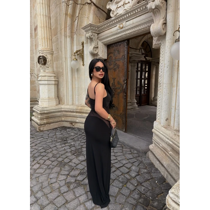 Göğüs Taşlı Tül Detaylı Elbise