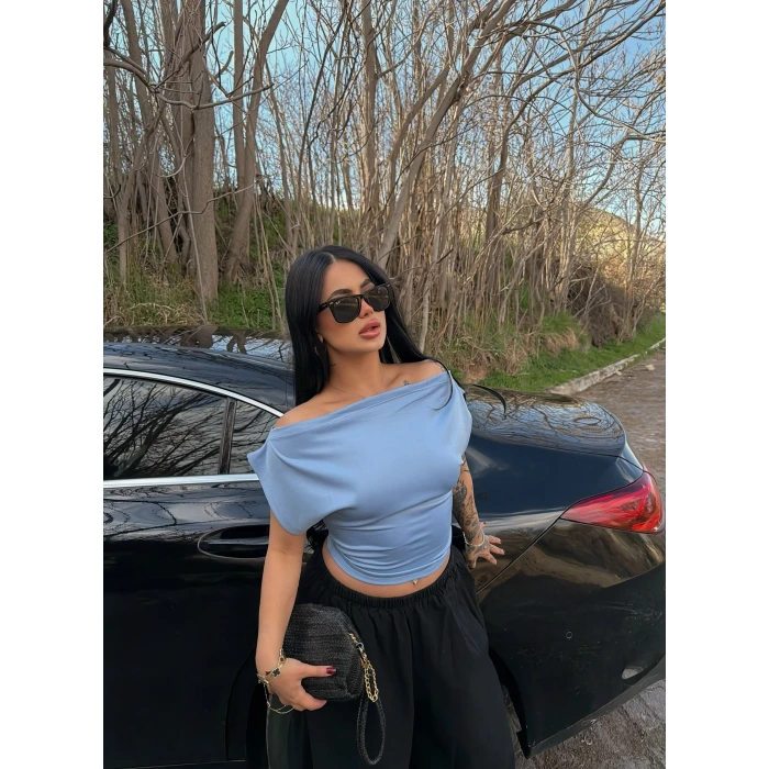 Mavi Yarasa Kol Kayık Yaka Crop