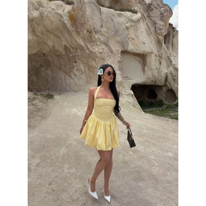 Sarı Boyundan Bağlamalı Balon Etekli Elbise