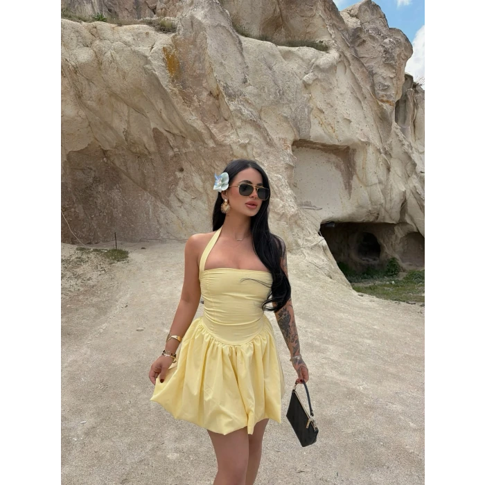 Sarı Boyundan Bağlamalı Balon Etekli Elbise