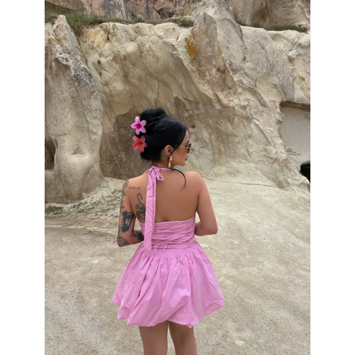 Pembe Boyundan Bağlamalı Balon Etekli Elbise