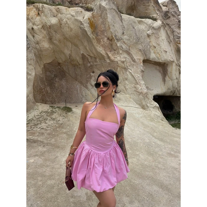 Pembe Boyundan Bağlamalı Balon Etekli Elbise