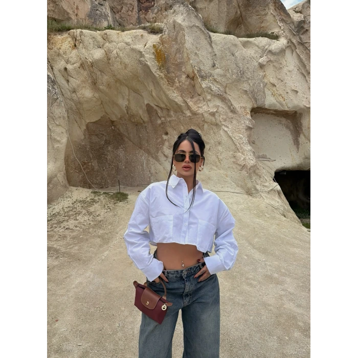 Beyaz Çift Cepli Poplin Gömlek