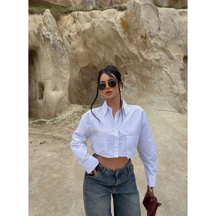 Beyaz Çift Cepli Poplin Gömlek