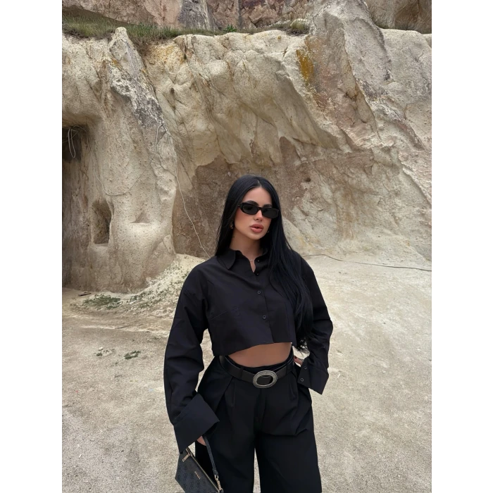 Siyah Çift Cepli Poplin Gömlek