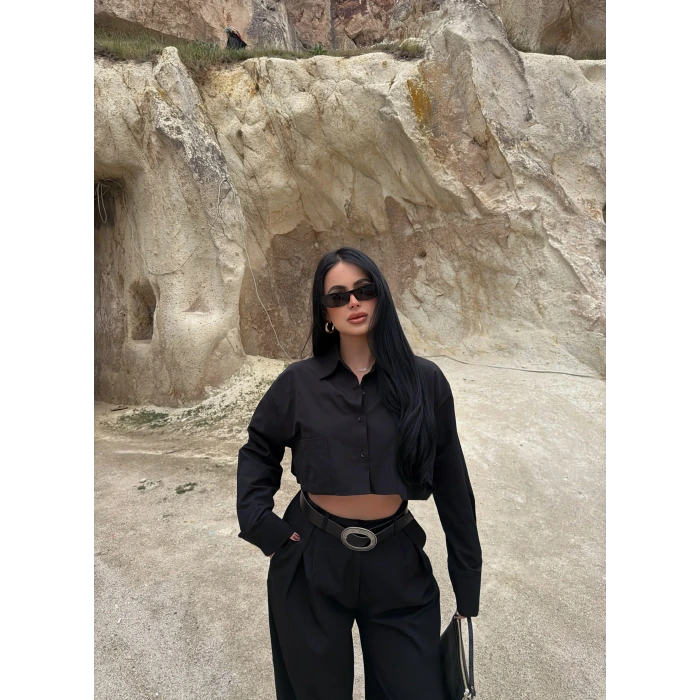 Siyah Çift Cepli Poplin Gömlek