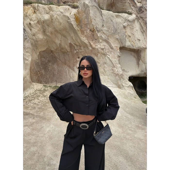 Siyah Çift Cepli Poplin Gömlek
