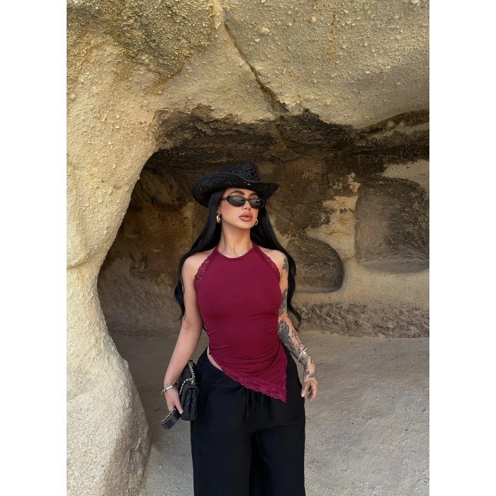 Bordo Asimetrik Güpürlü Bluz