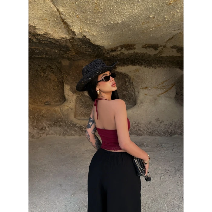 Bordo Asimetrik Güpürlü Bluz