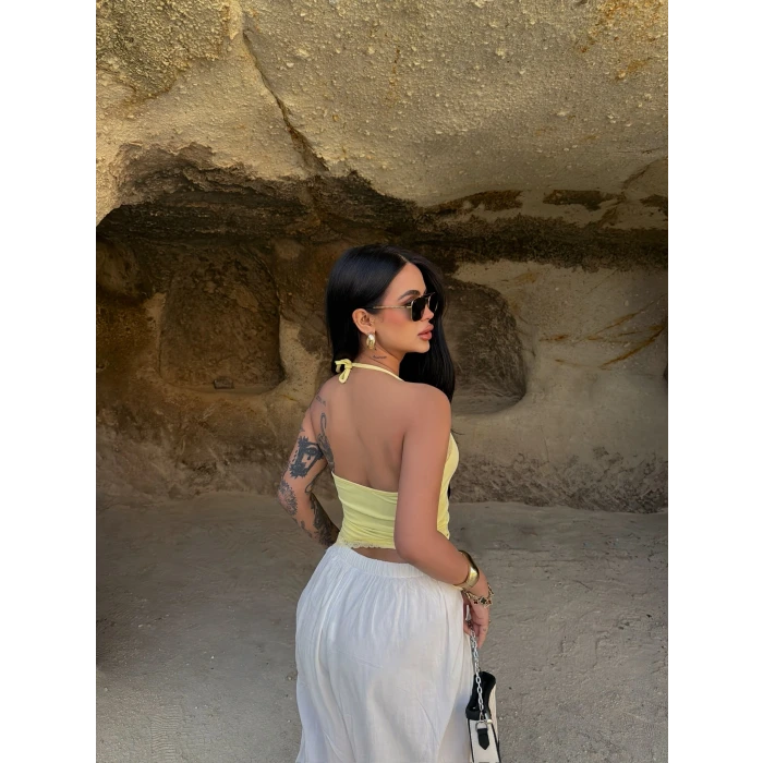 Sarı Asimetrik Güpürlü Bluz