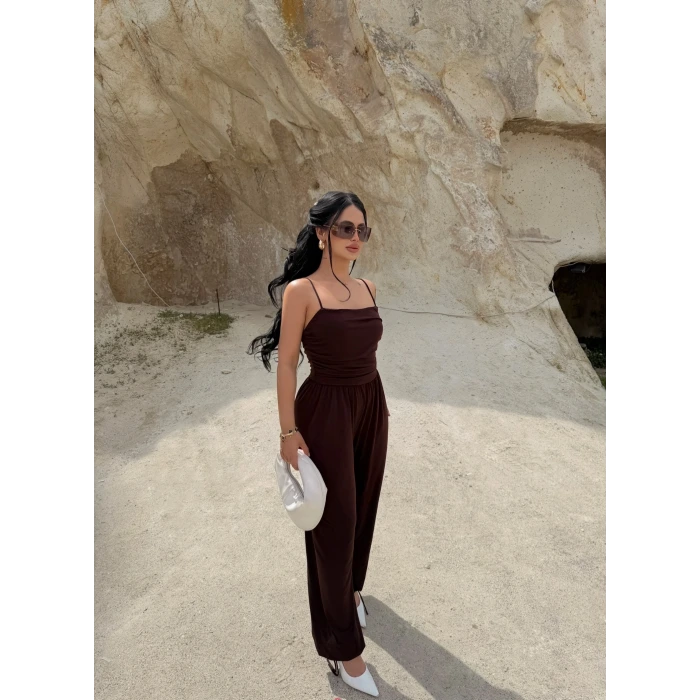 Kahve Luxe Drapeli Askılı Tulum