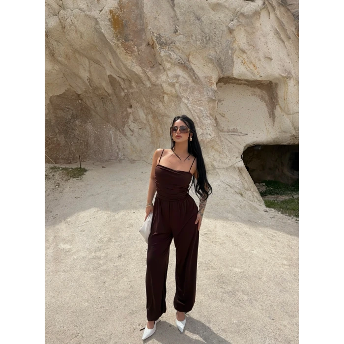 Kahve Luxe Drapeli Askılı Tulum