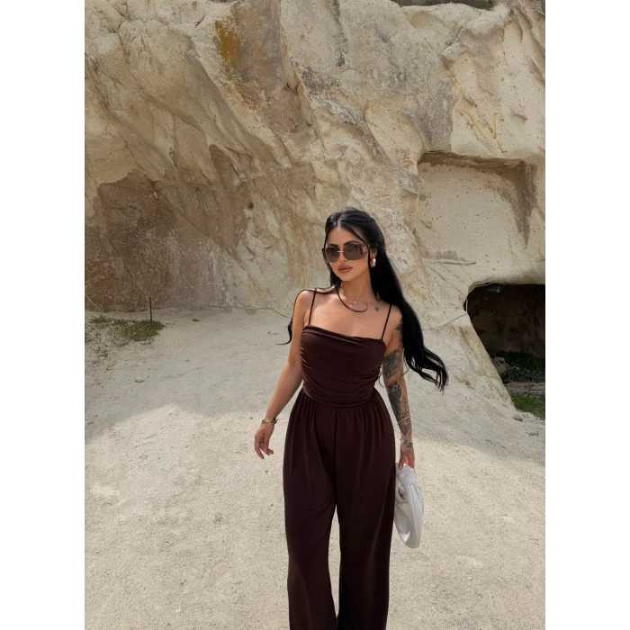 Kahve Luxe Drapeli Askılı Tulum