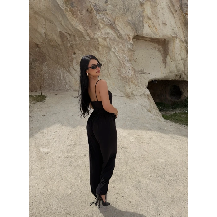 Siyah Luxe Drapeli Askılı Tulum