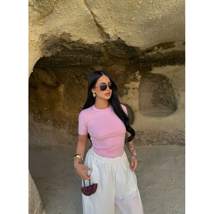 Pembe Glam Basic Taşlı Crop