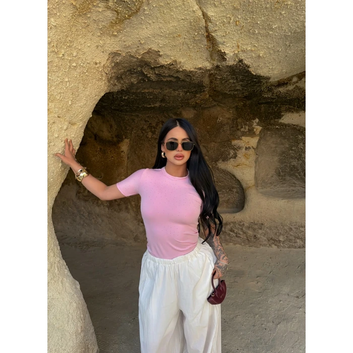 Pembe Glam Basic Taşlı Crop