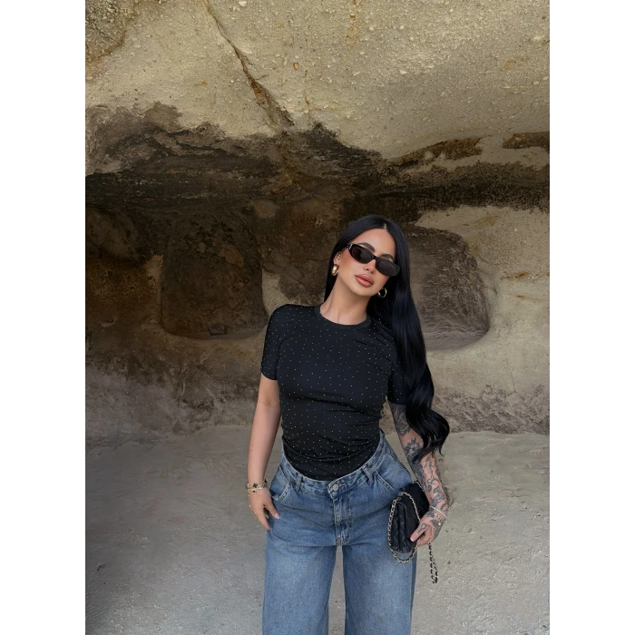 Siyah Glam Basic Taşlı Crop
