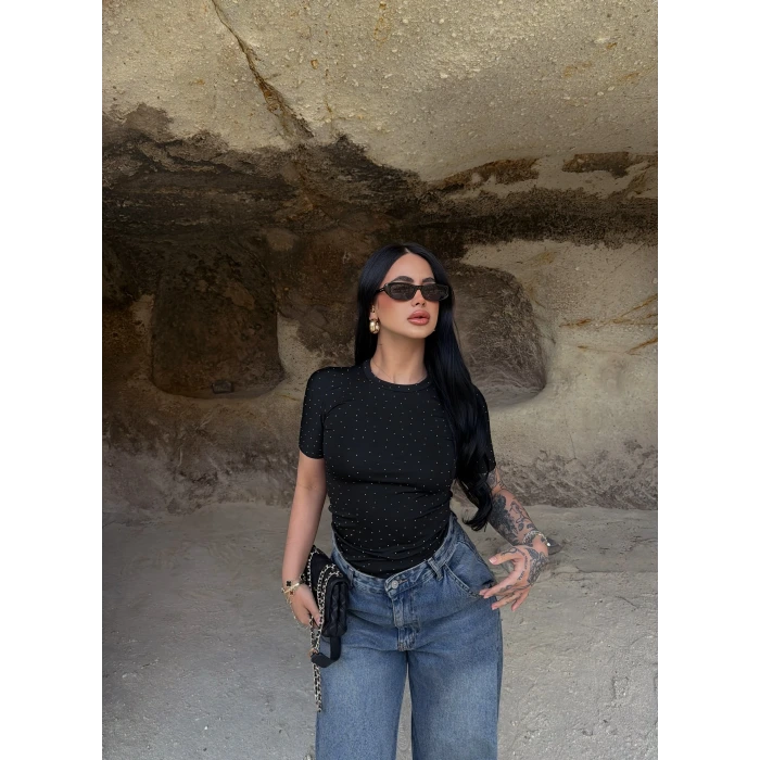 Siyah Glam Basic Taşlı Crop