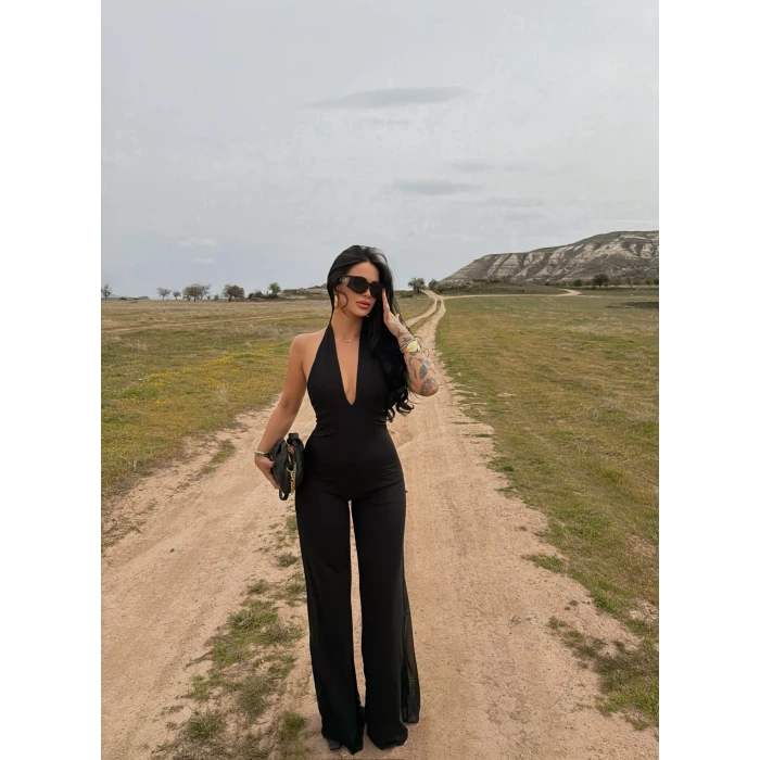 Siyah Amber Boyundan Geçmeli Tulum