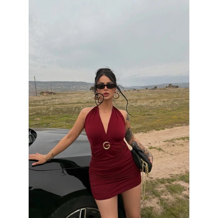 Bordo Boyundan Bağlamalı Tokalı Elbise