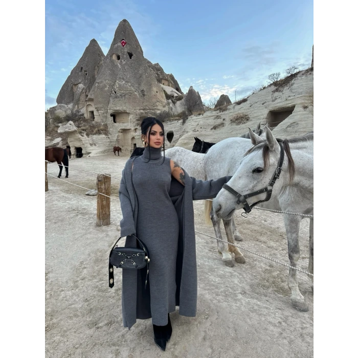 Antrasit Elbise Hırka Triko İkili Takım