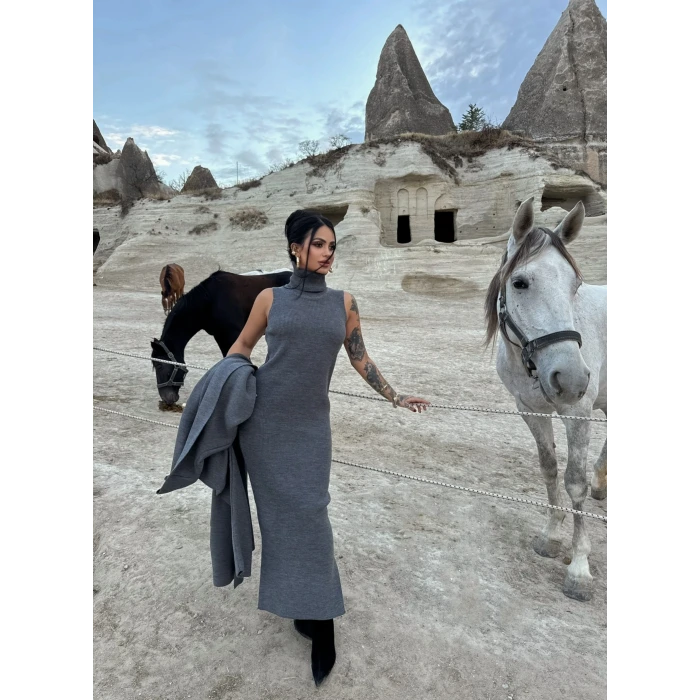 Antrasit Elbise Hırka Triko İkili Takım