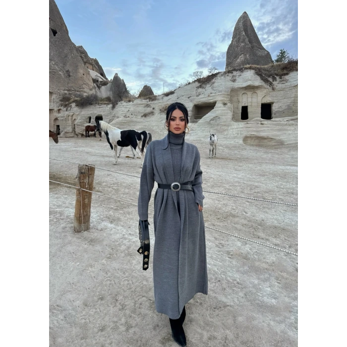 Antrasit Elbise Hırka Triko İkili Takım