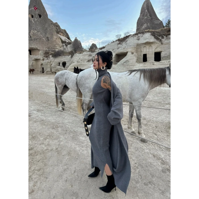 Antrasit Elbise Hırka Triko İkili Takım