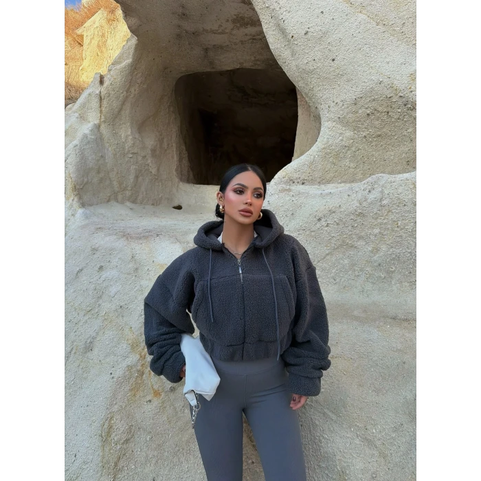 Antrasit Kanguru Cep Peluş Ceket