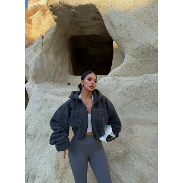 Antrasit Kanguru Cep Peluş Ceket