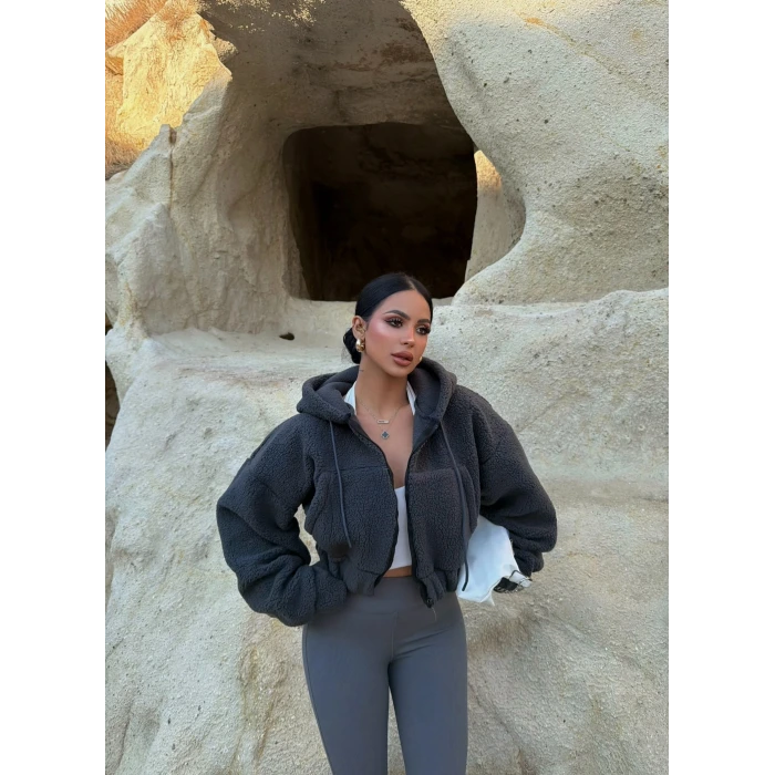 Antrasit Kanguru Cep Peluş Ceket