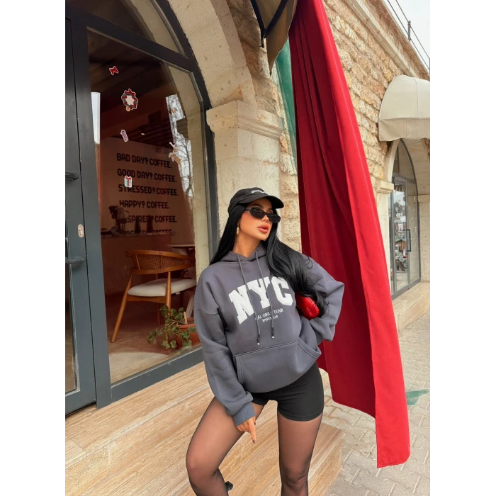 Antrasit Nyc Şardonlu Oversize Sweat