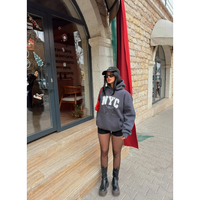 Antrasit Nyc Şardonlu Oversize Sweat
