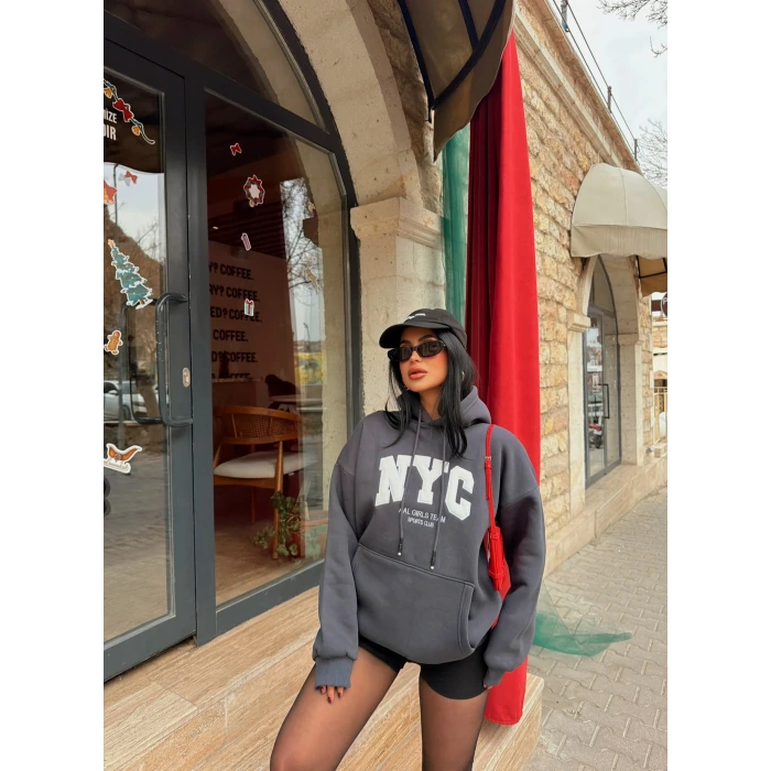 Antrasit Nyc Şardonlu Oversize Sweat