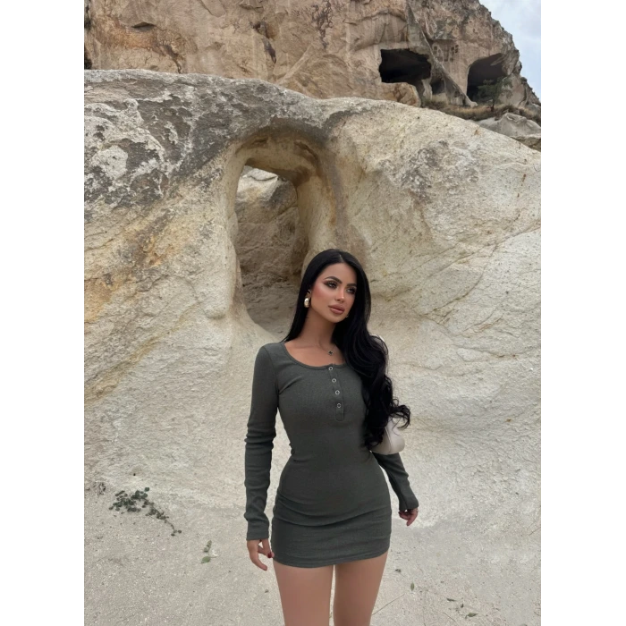 Haki Yaka Düğmeli Kaşkorse Elbise