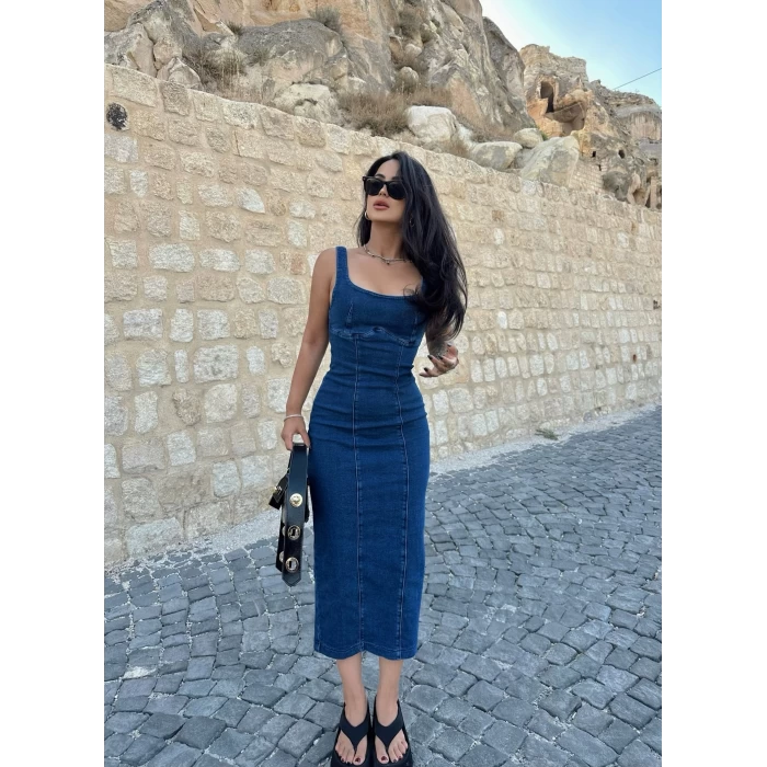 Arkası Yırtmaçlı Long Denim Elbise