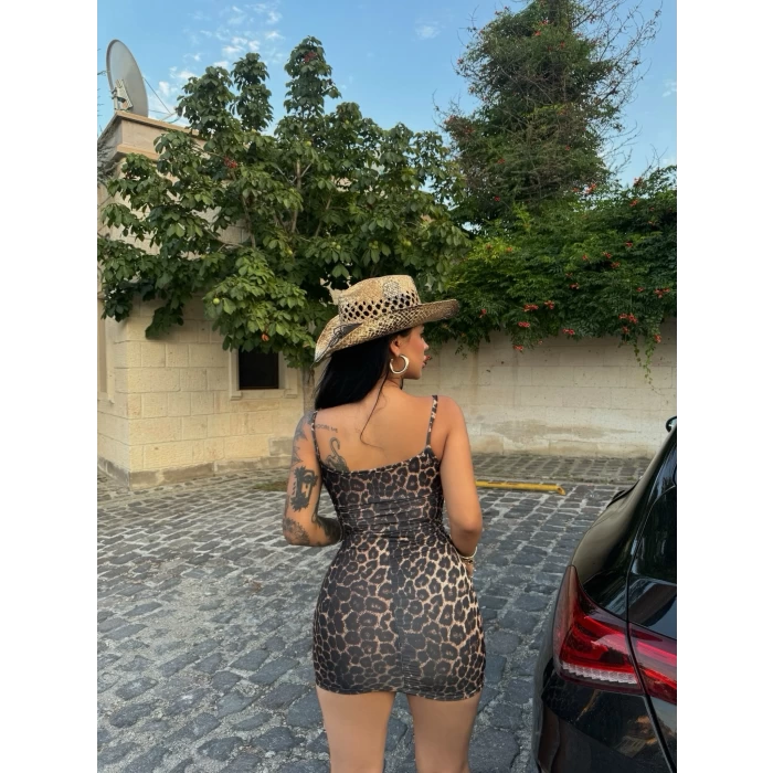 Askılı Mini Leopar Elbise