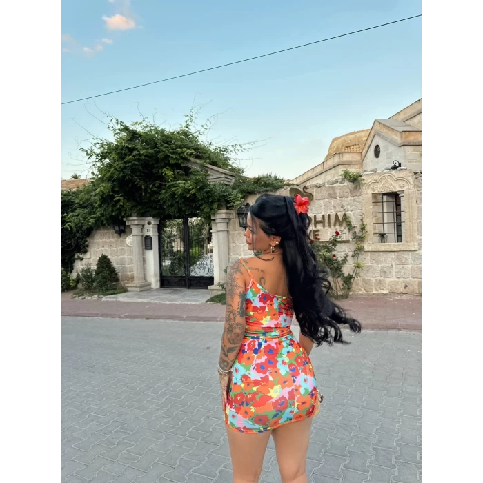 Askılı Tek Büzgülü Flowers Elbise