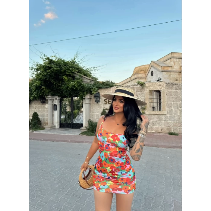 Askılı Tek Büzgülü Flowers Elbise