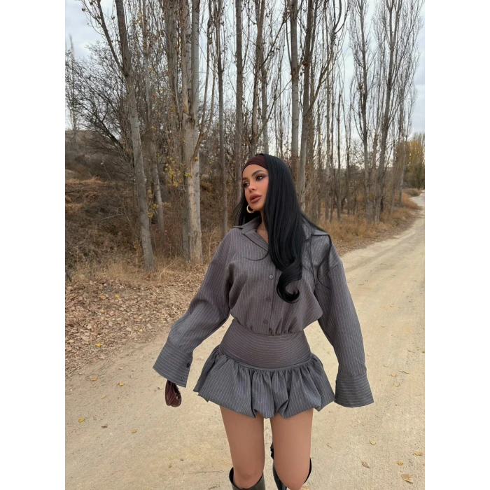 Balon Etekli Gömlek Elbise