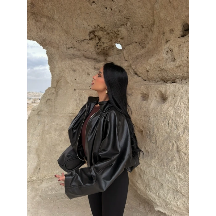 Balon Kollu Deri Mont