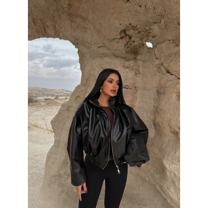 Balon Kollu Deri Mont