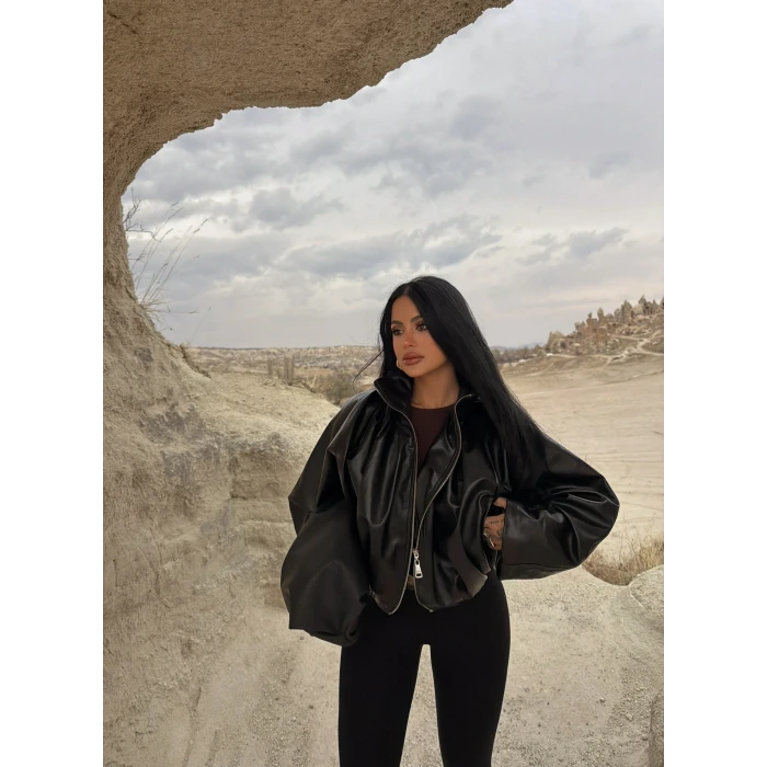 Balon Kollu Deri Mont