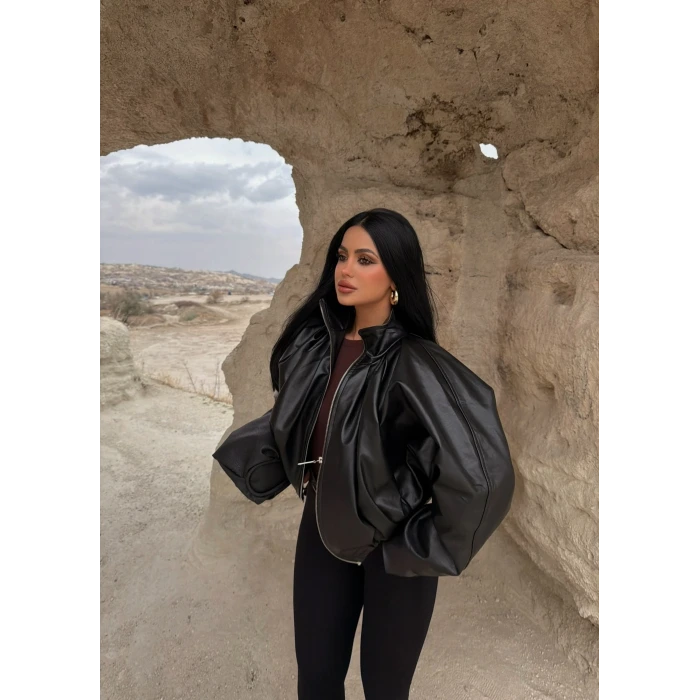 Balon Kollu Deri Mont